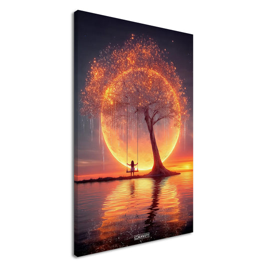 Junges Mädchen schaukelt am glitzernden Baum im Licht eines Monduntergangs auf einer Leinwand