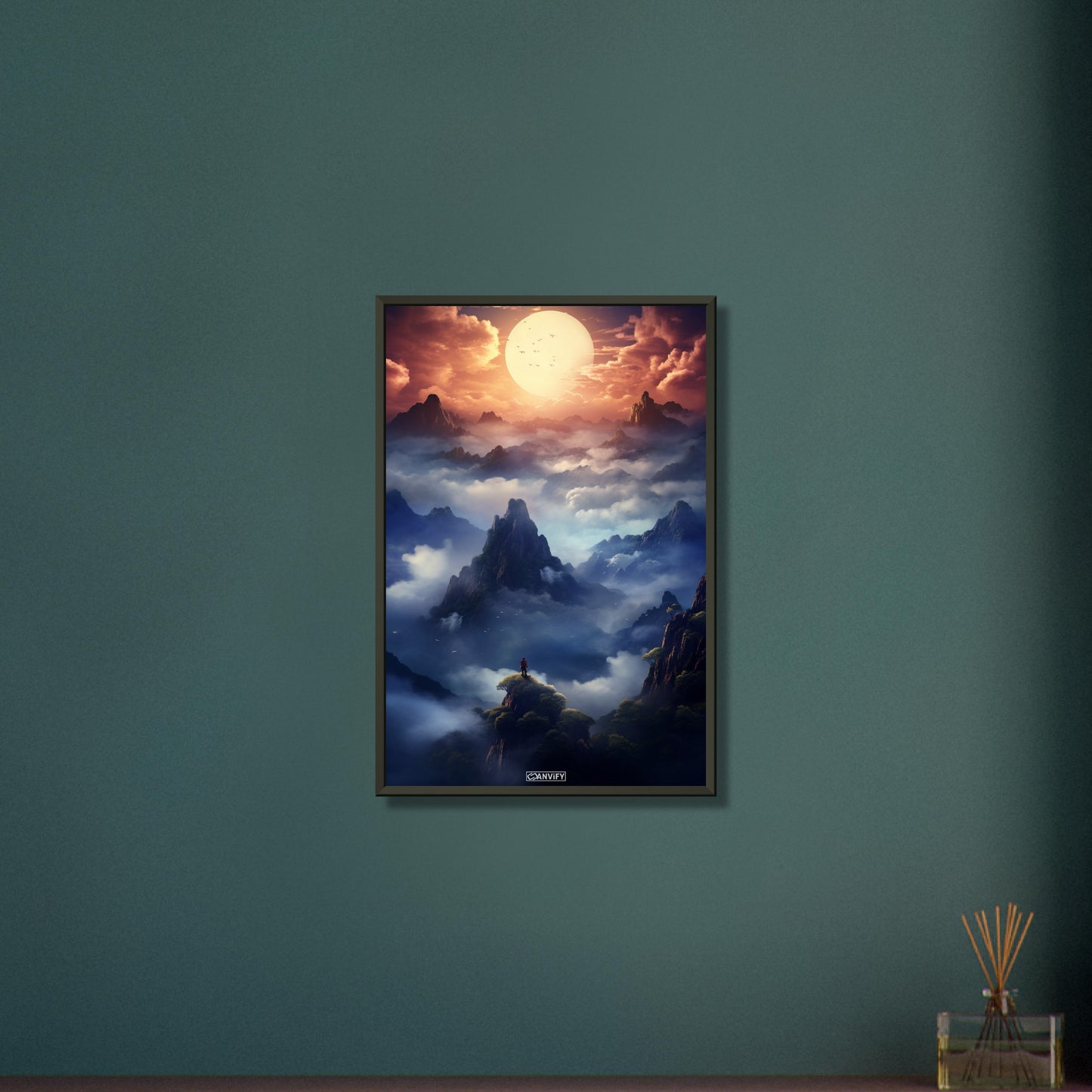 Jerzy Kukuczka über den Wolken auf den mystischen Bergspitzen malerisch dargestellt auf einem Poster im Metallrahmen