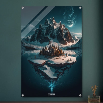 Schneebedeckte Berge mit einer Insel im See bedeckt mit Nadelbäumen auf einem Acrylbild