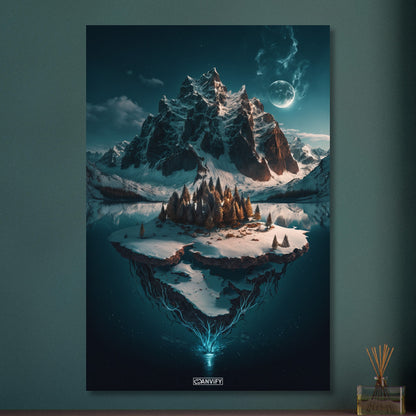 Schneebedeckte Berge mit einer Insel im See bedeckt mit Nadelbäumen auf Aluminium