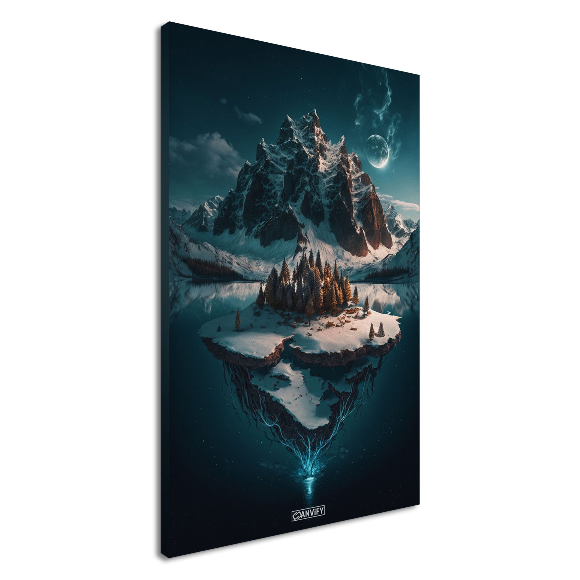 Schneebedeckte Berge mit einer Insel im See bedeckt mit Nadelbäumen auf einer Leinwand