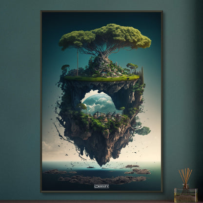 Magischer Dschungelbaum mit einer Oase und einem Dorf auf einem Poster im Metallrahmen