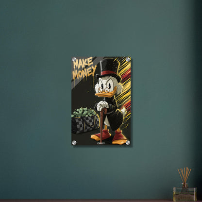 Scrooge McDuck alias Dagobert Duck mit einer Luxustasche voller Geldscheine und dem Spruch "Make Money" im Pop Art Stil auf einem Acrylbild