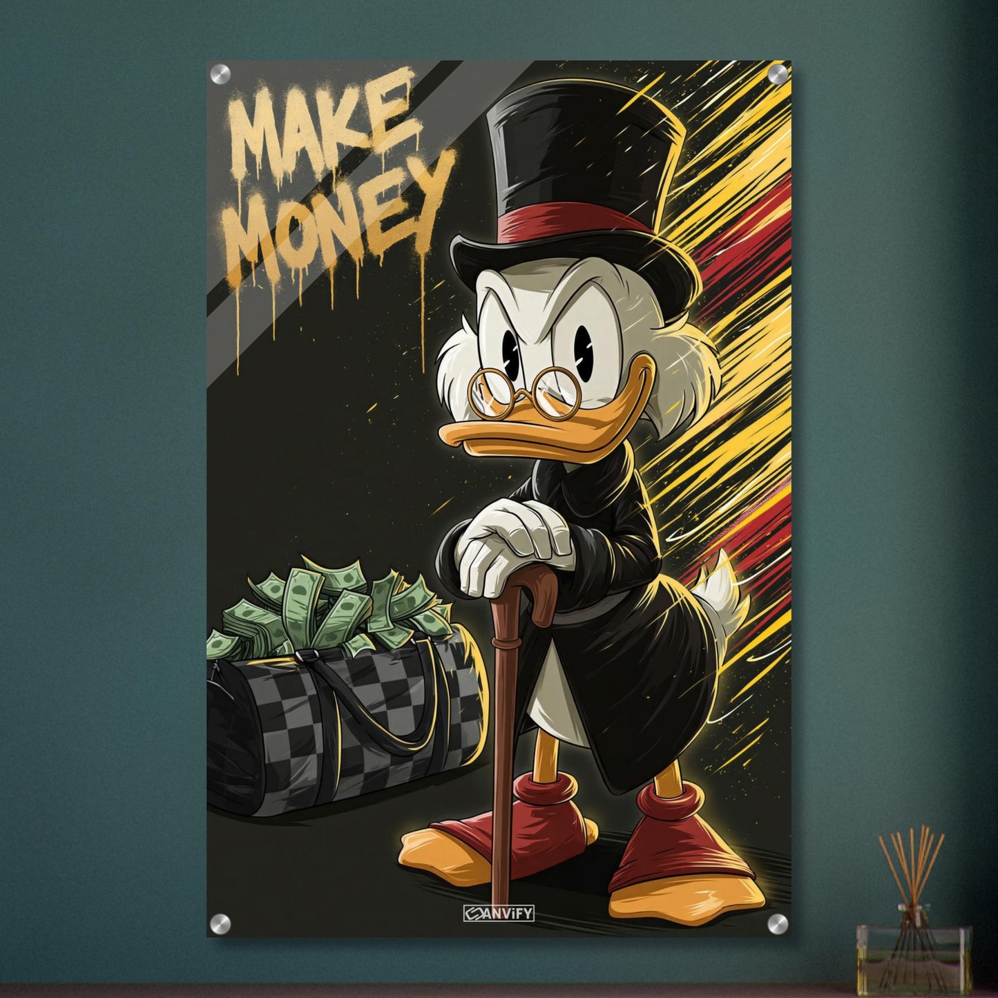 Scrooge McDuck alias Dagobert Duck mit einer Luxustasche voller Geldscheine und dem Spruch "Make Money" im Pop Art Stil auf einem Acrylbild