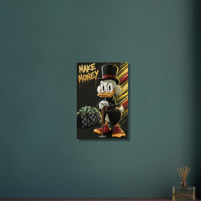 Scrooge McDuck alias Dagobert Duck mit einer Luxustasche voller Geldscheine und dem Spruch "Make Money" im Pop Art Stil auf einer Leinwand