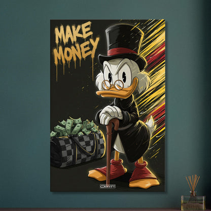 Scrooge McDuck alias Dagobert Duck mit einer Luxustasche voller Geldscheine und dem Spruch "Make Money" im Pop Art Stil auf einer Leinwand