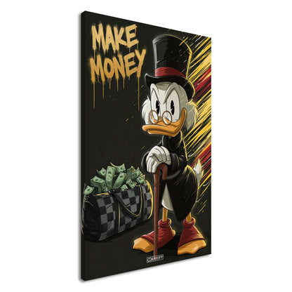 Scrooge McDuck alias Dagobert Duck mit einer Luxustasche voller Geldscheine und dem Spruch "Make Money" im Pop Art Stil auf einer Leinwand