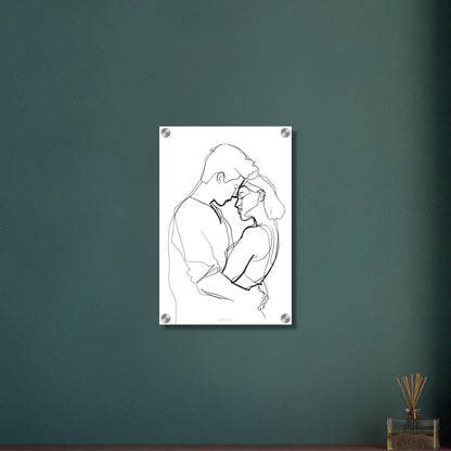 Mann umarmt eine Frau gezeichnet mit einer Linie auf einem Acrylbild