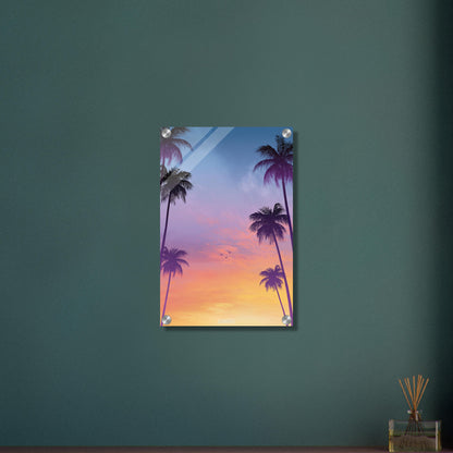 Palmen-Silhouetten vor Sonnenuntergangshimmel in Miami, Retro-Synthwave-Digitalkunst mit Miami Retro Vibes auf einem Acrylbild