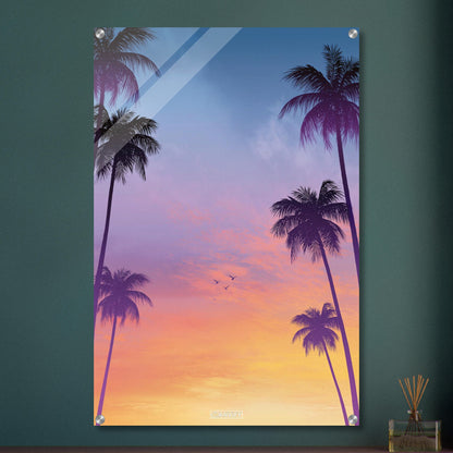 Palmen-Silhouetten vor Sonnenuntergangshimmel in Miami, Retro-Synthwave-Digitalkunst mit Miami Retro Vibes auf einem Acrylbild