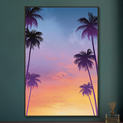 Palmen-Silhouetten vor Sonnenuntergangshimmel in Miami, Retro-Synthwave-Digitalkunst mit Miami Retro Vibes auf einem Poster im Metallrahmen