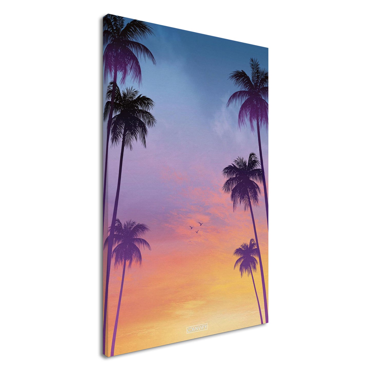 Palmen-Silhouetten vor Sonnenuntergangshimmel in Miami, Retro-Synthwave-Digitalkunst mit Miami Retro Vibes auf einer Leinwand