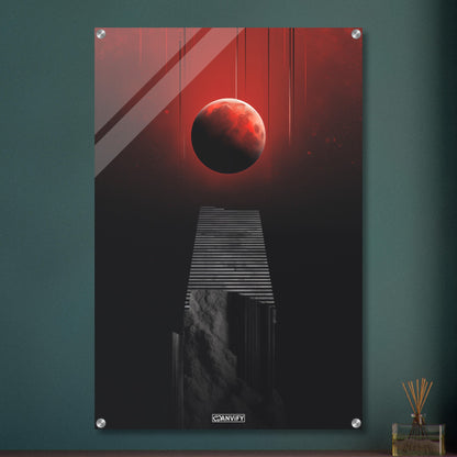 Abstrakter Blutmond schwebend vor einer Treppe auf einem Acrylbild