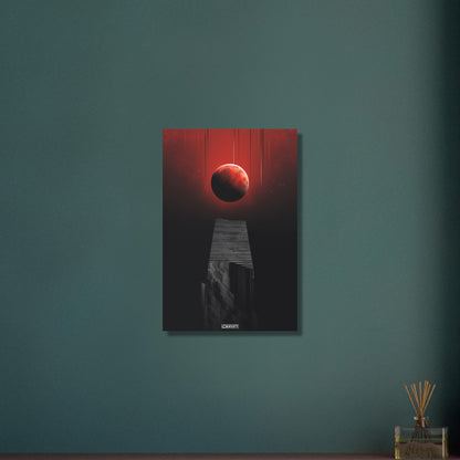 Abstrakter Blutmond schwebend vor einer Treppe auf Aluminium