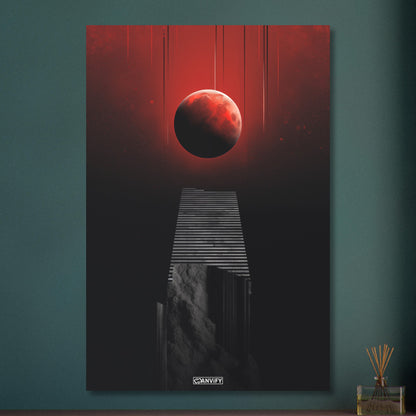 Abstrakter Blutmond schwebend vor einer Treppe auf Aluminium