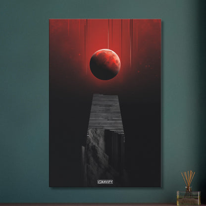 Abstrakter Blutmond schwebend vor einer Treppe auf einer Leinwand