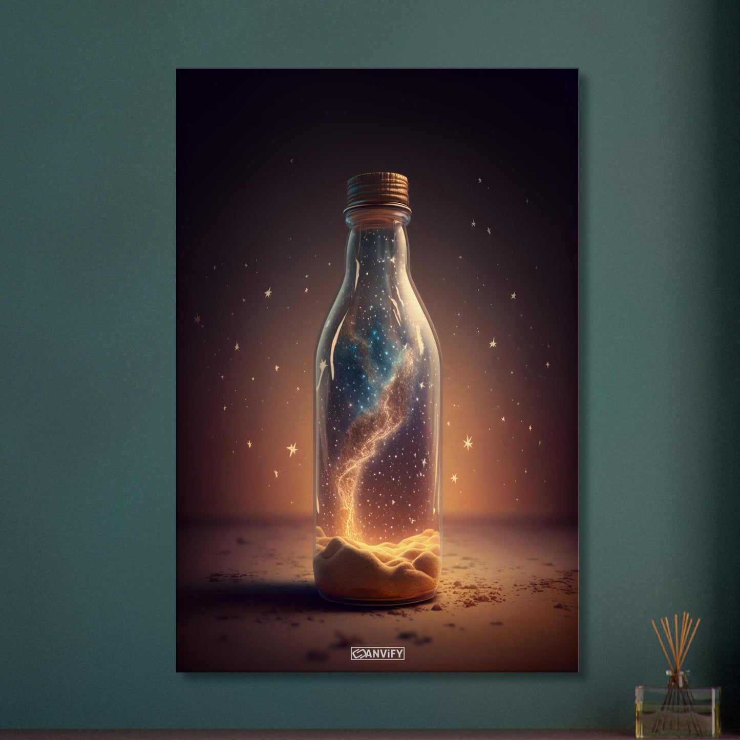 Milchstraße in der Glasflasche auf einer Leinwand