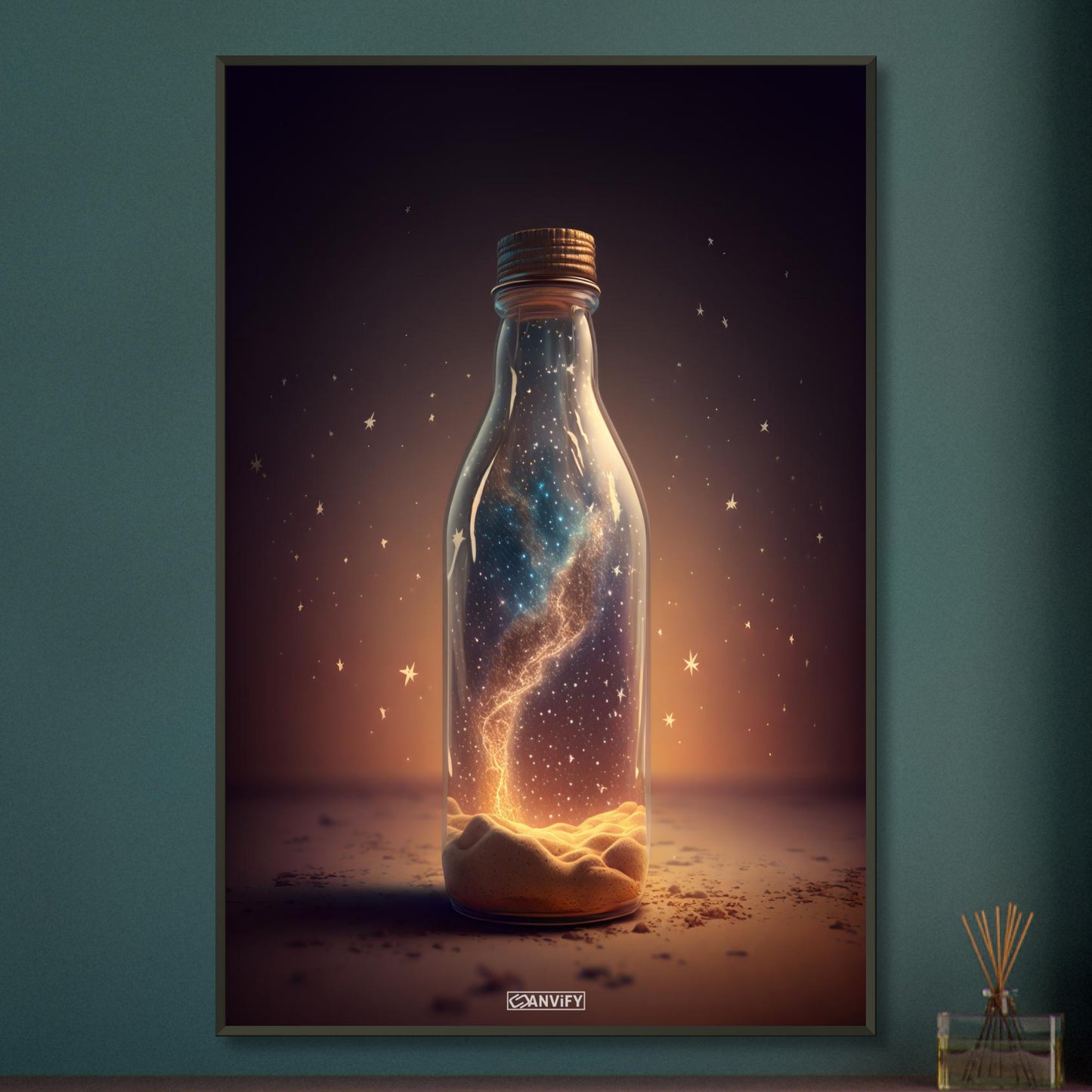 Milchstraße in der Glasflasche auf einem Poster im Metallrahmen