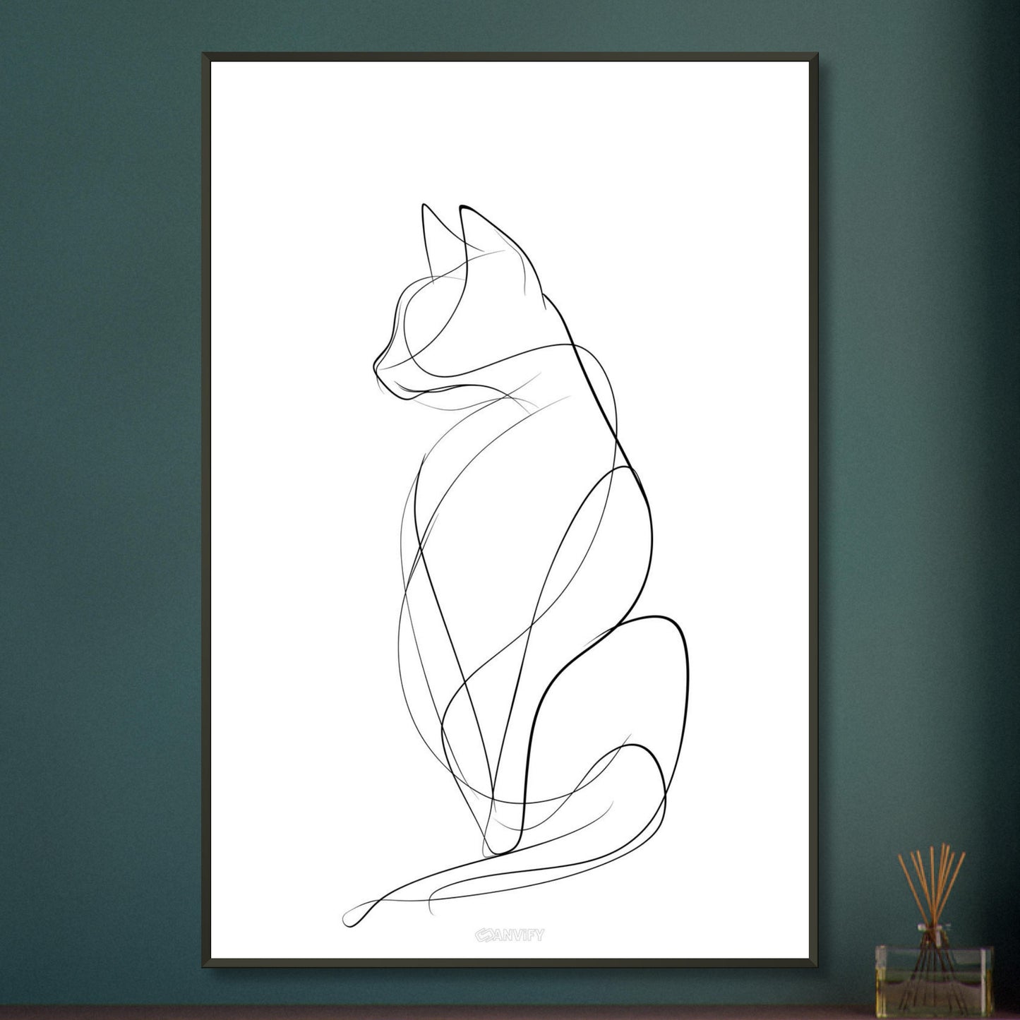 Minimalistische Katze mit einer Linie gezeichnet auf einem Poster im Metallrahmen
