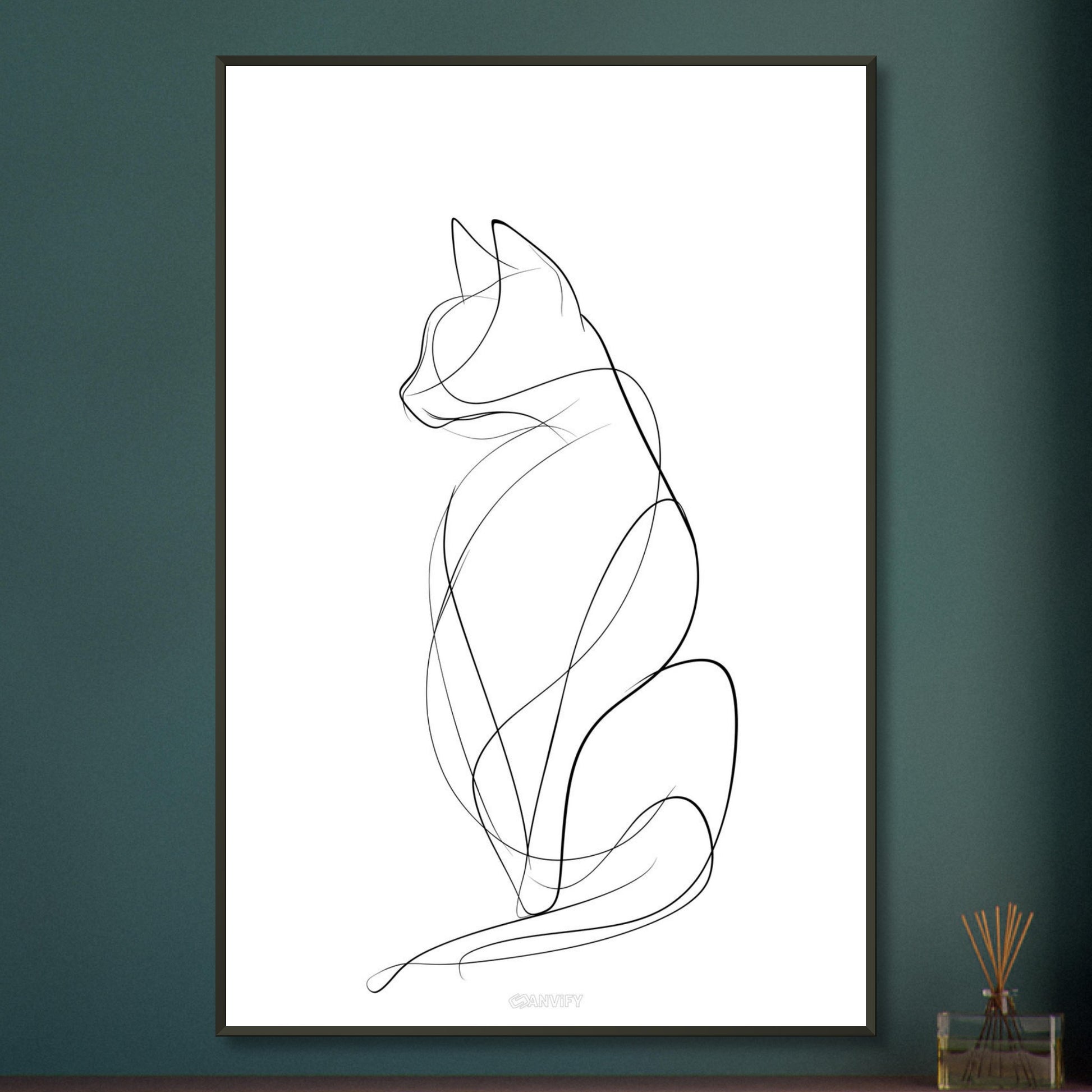Minimalistische Katze mit einer Linie gezeichnet auf einem Poster im Metallrahmen