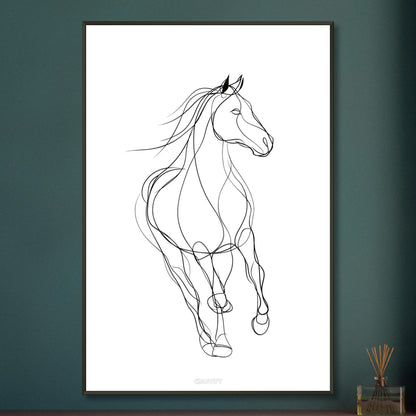 Minimalistisches Pferd mit einer Linie gezeichnet auf einem Poster im Metallrahmen