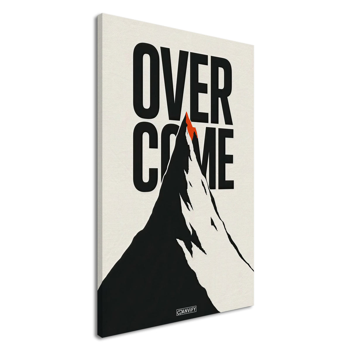 Minimalistisch gezeichneter Berg in Schwarz und Weiß mit einem Spruch 'Overcome' und mit einer roten Bergspitze auf einer Leinwand
