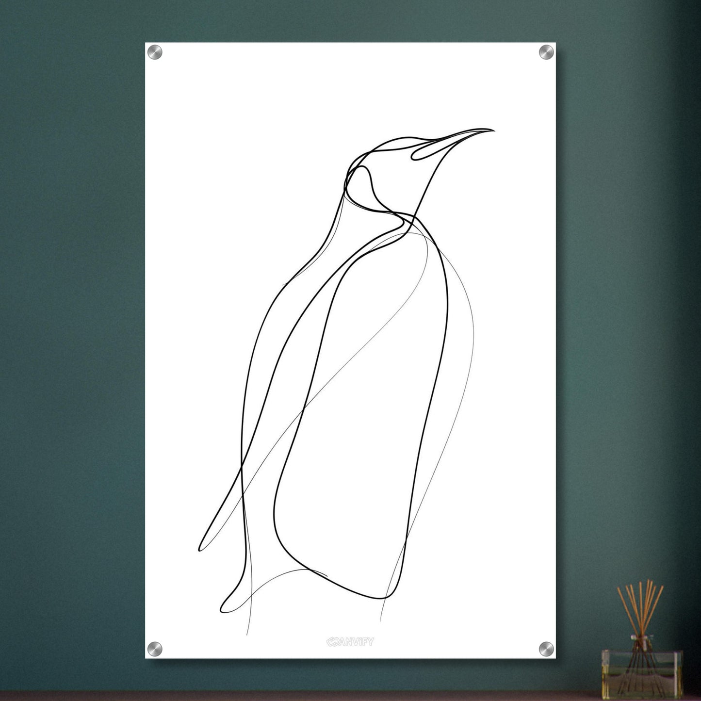 Minimalistischer Pinguin mit einer Linie gezeichnet auf einem Acrylbild