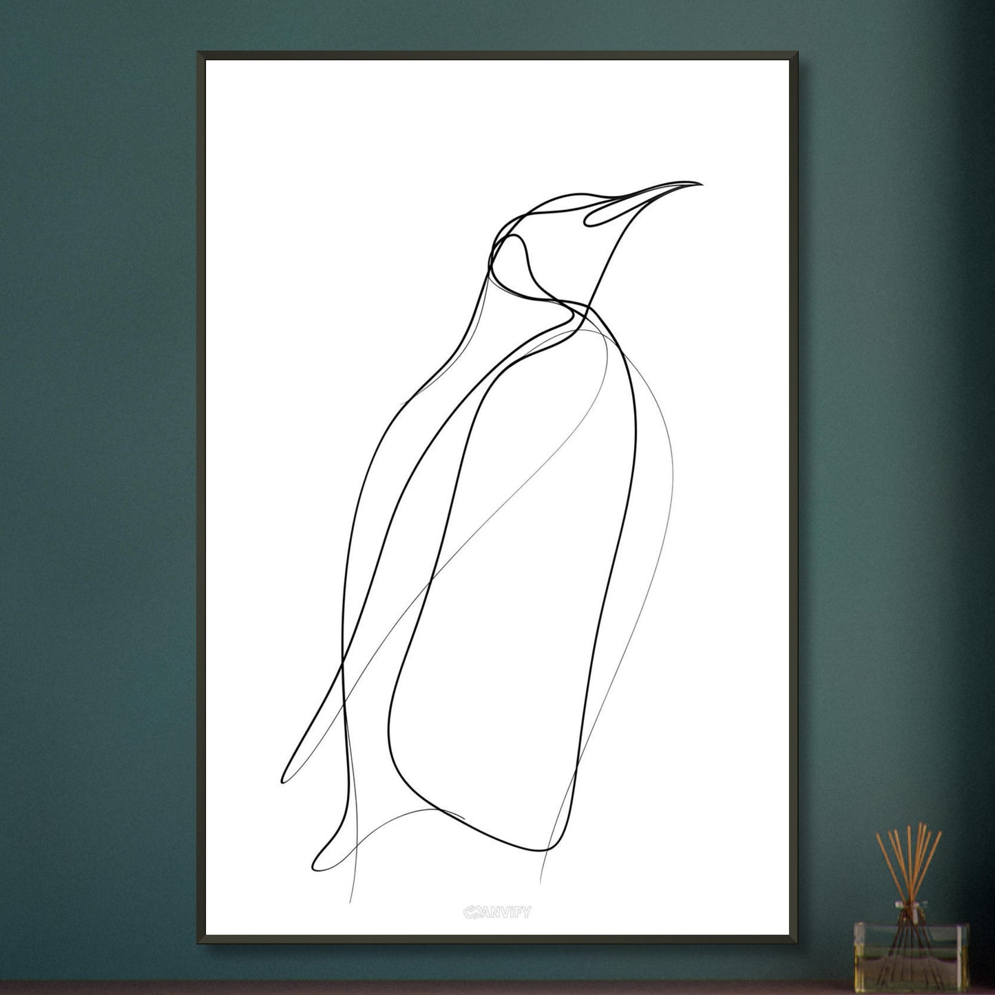 Minimalistischer Pinguin mit einer Linie gezeichnet auf einem Poster im Metallrahmen