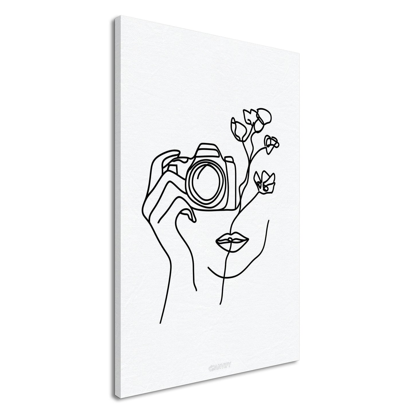 Fotografin mit einer Rose gezeichnet mit einer Linie auf einer Leinwand