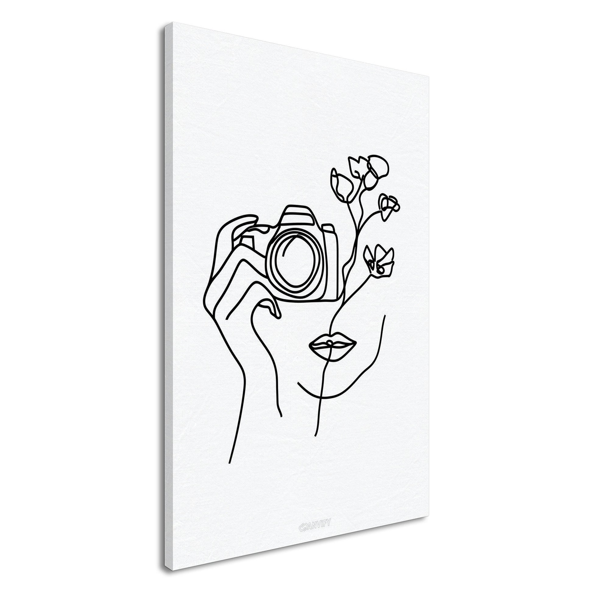 Fotografin mit einer Rose gezeichnet mit einer Linie auf einer Leinwand