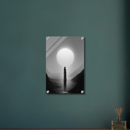 Mystische Frau vor einem Vollmond in Schwarz und Weißer Farbe auf einem Acrylbild