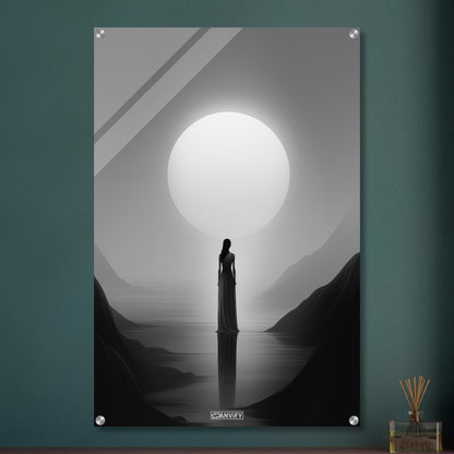 Mystische Frau vor einem Vollmond in Schwarz und Weißer Farbe auf einem Acrylbild