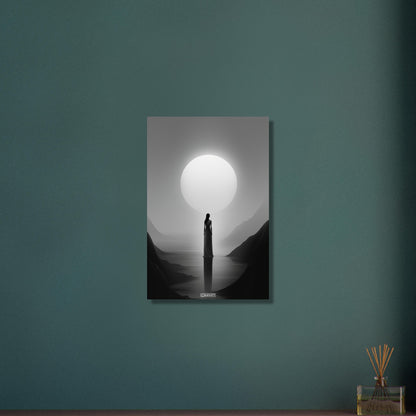 Mystische Frau vor einem Vollmond in Schwarz und Weißer Farbe auf Aluminium