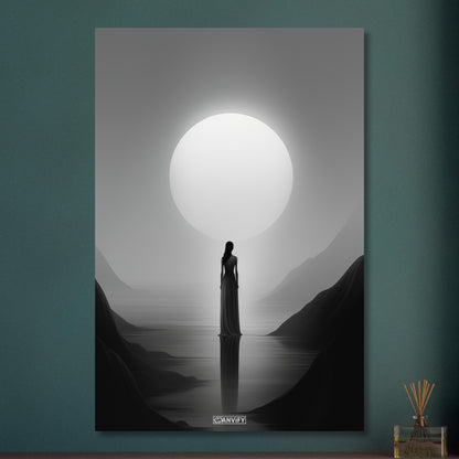 Mystische Frau vor einem Vollmond in Schwarz und Weißer Farbe auf Aluminium