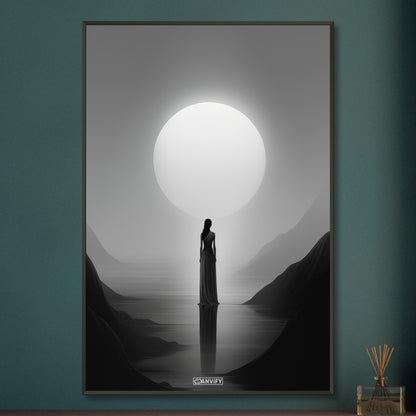 Mystische Frau vor einem Vollmond in Schwarz und Weißer Farbe auf einem Poster im Metallrahmen
