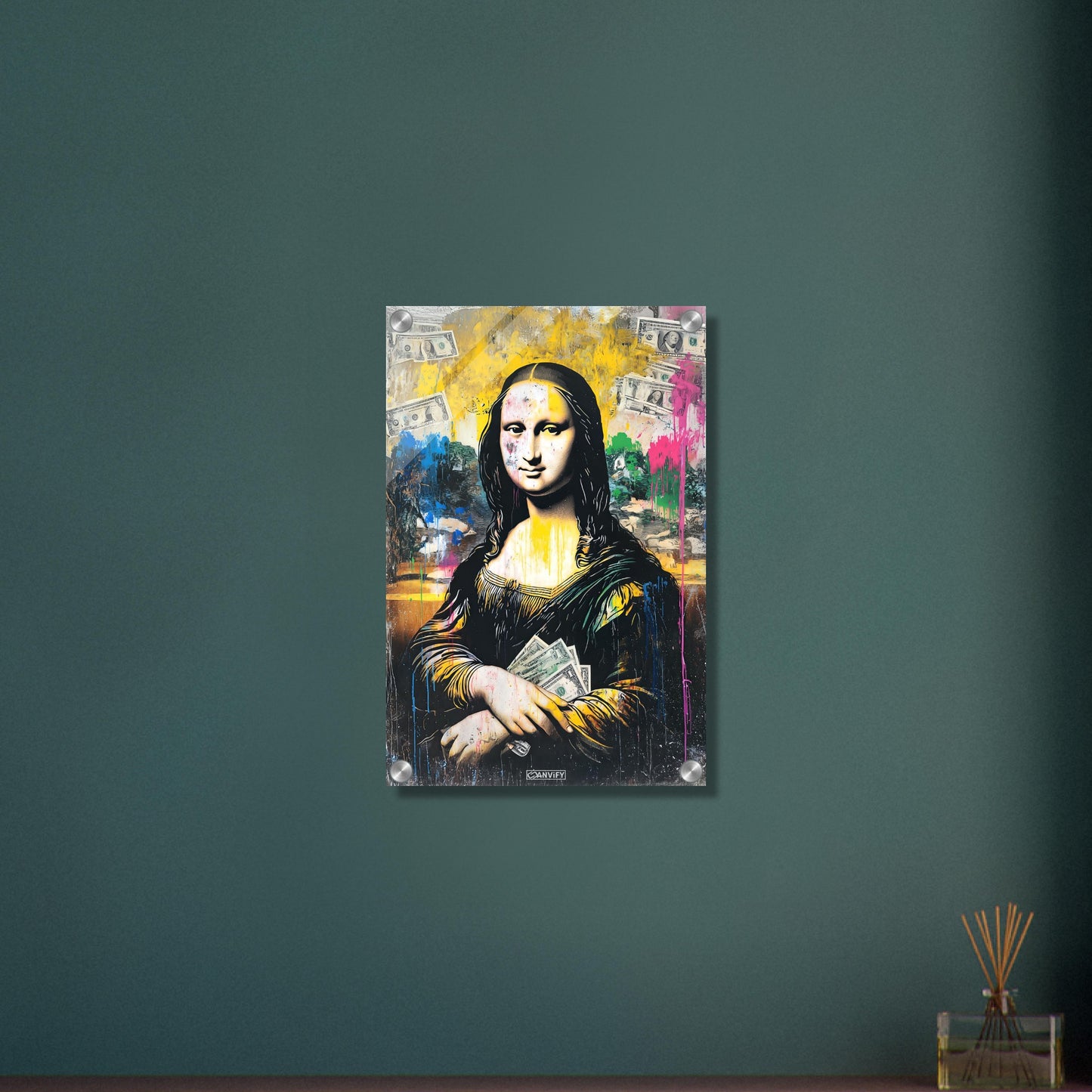 Mona Lisa mit Geldscheinen im Pop Art Stil auf einem Acrylbild