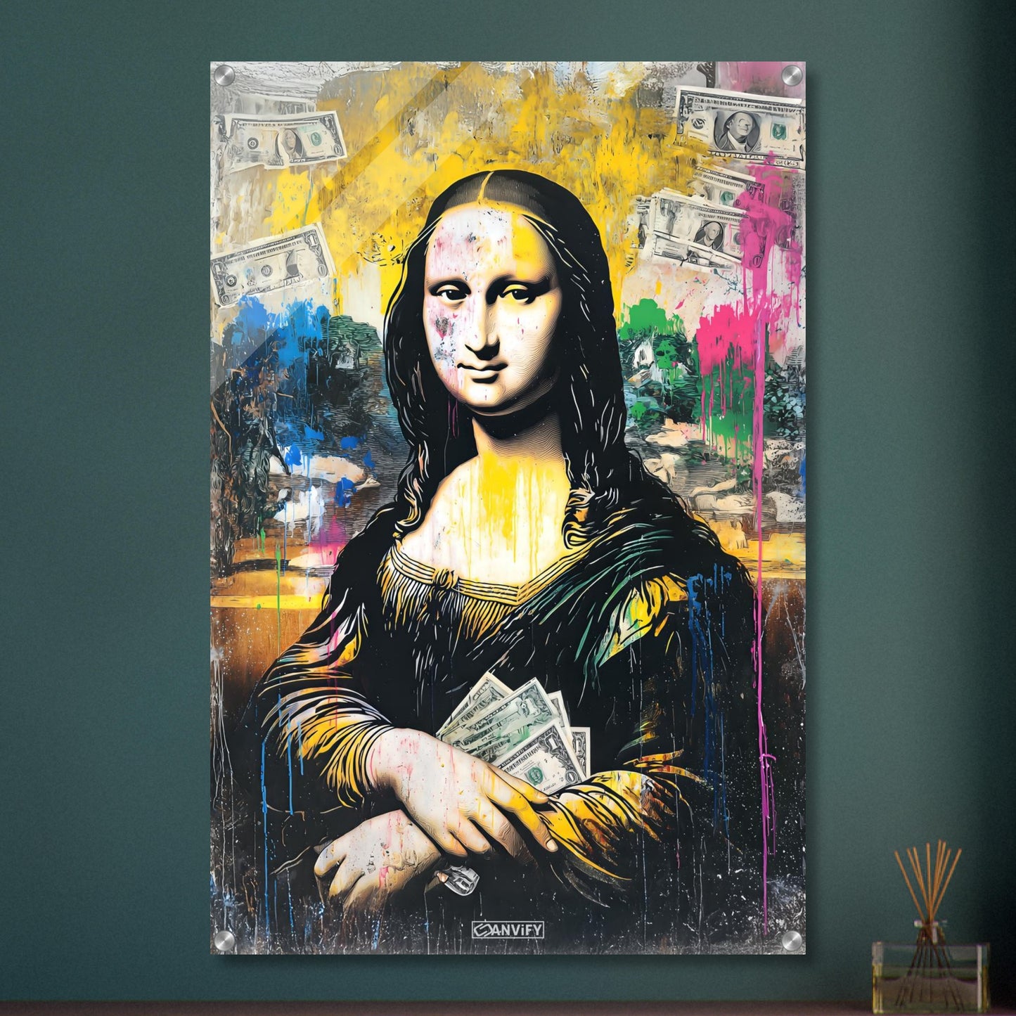 Mona Lisa mit Geldscheinen im Pop Art Stil auf einem Acrylbild