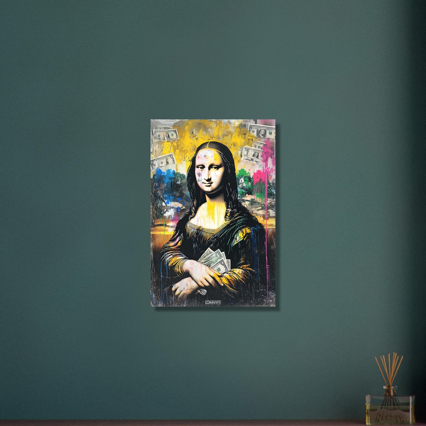 Mona Lisa mit Geldscheinen im Pop Art Stil auf Aluminium