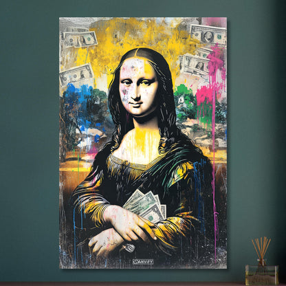 Mona Lisa mit Geldscheinen im Pop Art Stil auf Aluminium