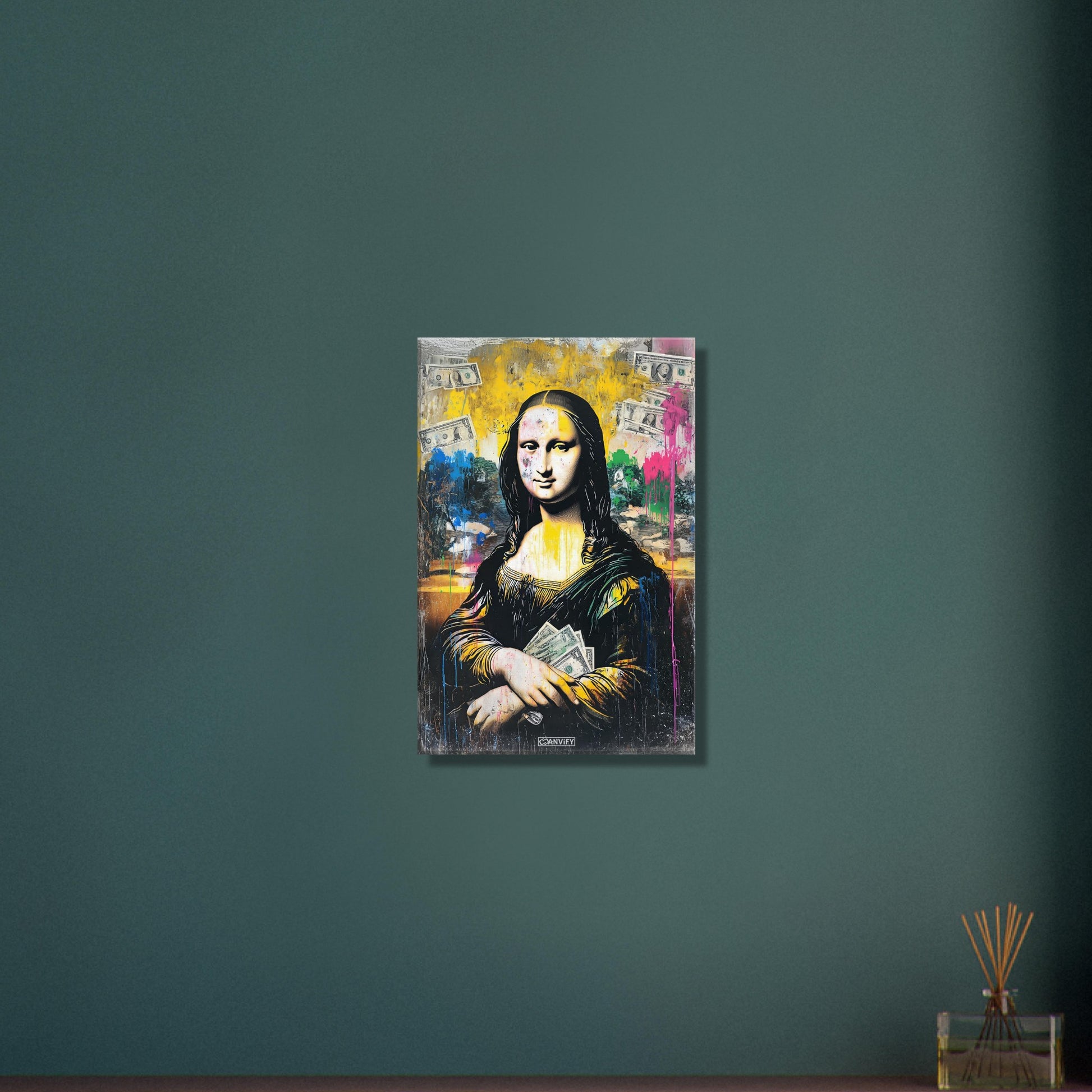 Mona Lisa mit Geldscheinen im Pop Art Stil auf einer Leinwand