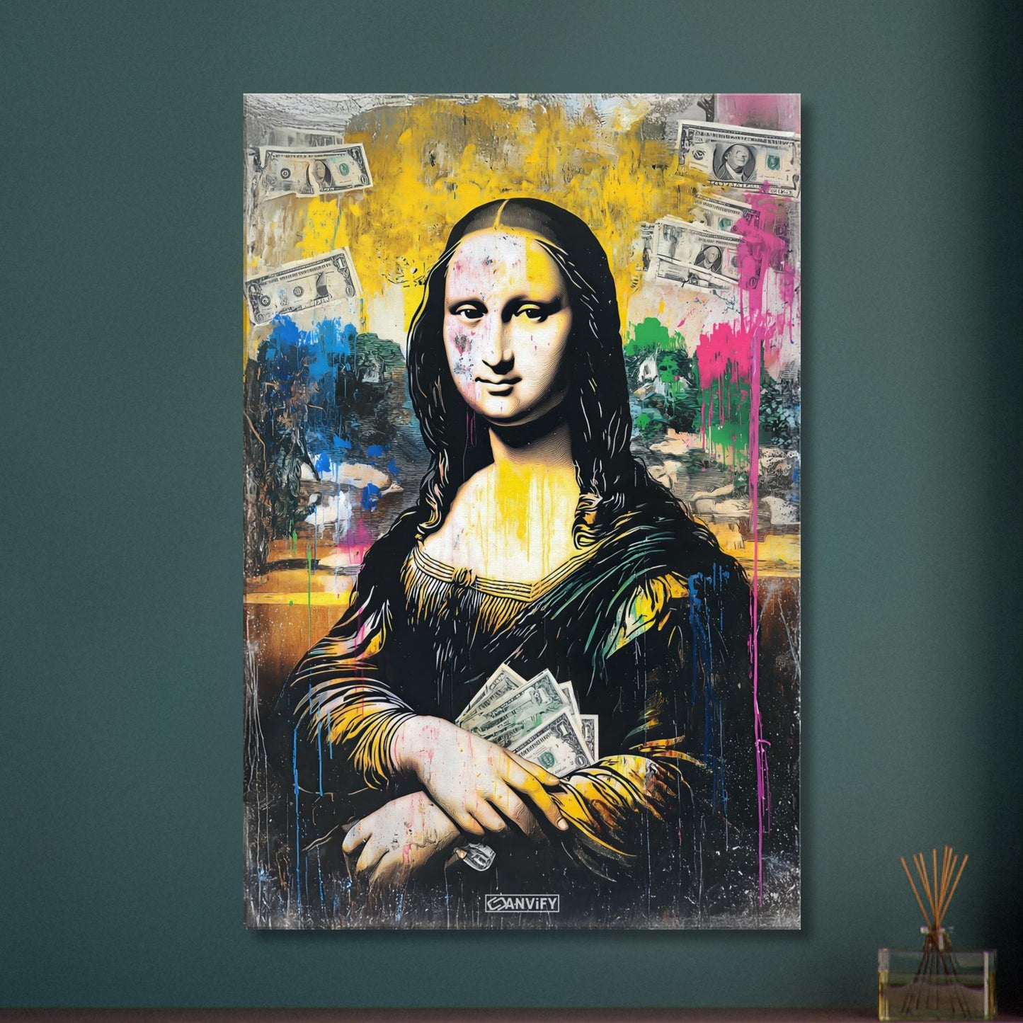 Mona Lisa mit Geldscheinen im Pop Art Stil auf einer Leinwand
