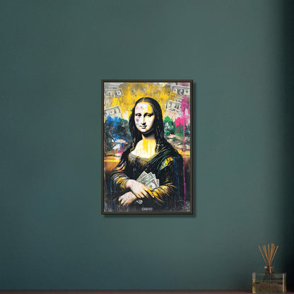 Mona Lisa mit Geldscheinen im Pop Art Stil auf einem Poster im Metallrahmen