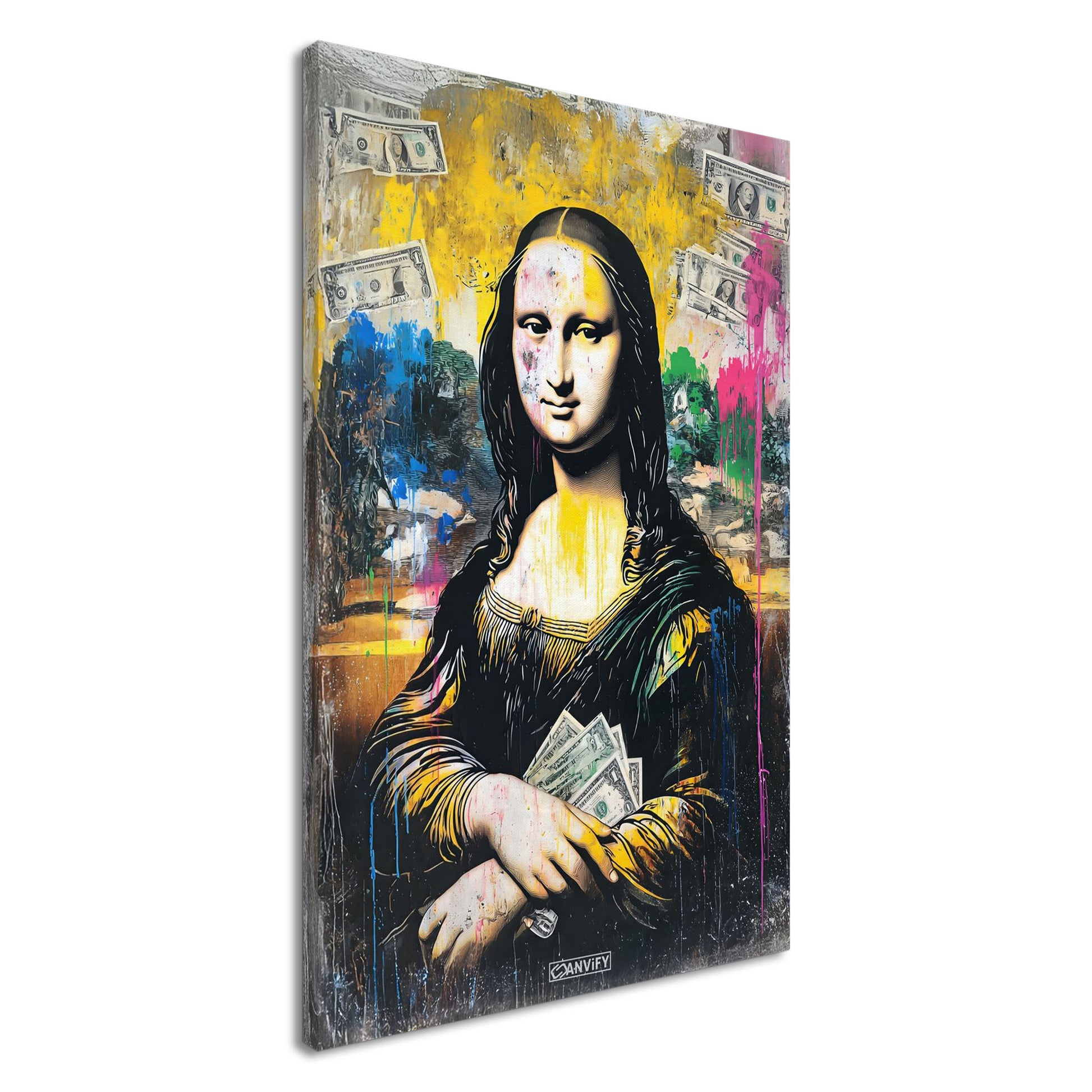 Mona Lisa mit Geldscheinen im Pop Art Stil auf einer Leinwand