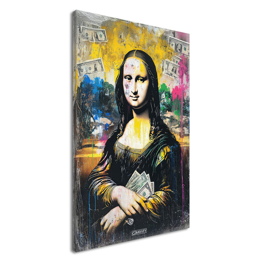 Mona Lisa mit Geldscheinen im Pop Art Stil auf einer Leinwand