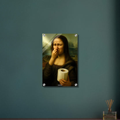 Mona Lisa hält sich die Nase zu und hält eine Klopapierrolle in der Hand auf einem Acrylbild