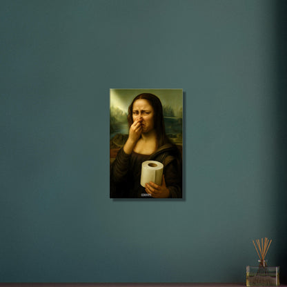 Mona Lisa hält sich die Nase zu und hält eine Klopapierrolle in der Hand auf einer Leinwand