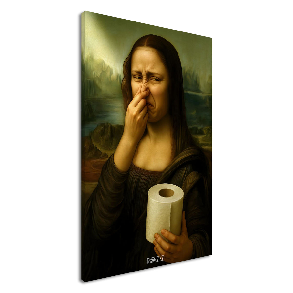 Mona Lisa hält sich die Nase zu und hält eine Klopapierrolle in der Hand auf einer Leinwand