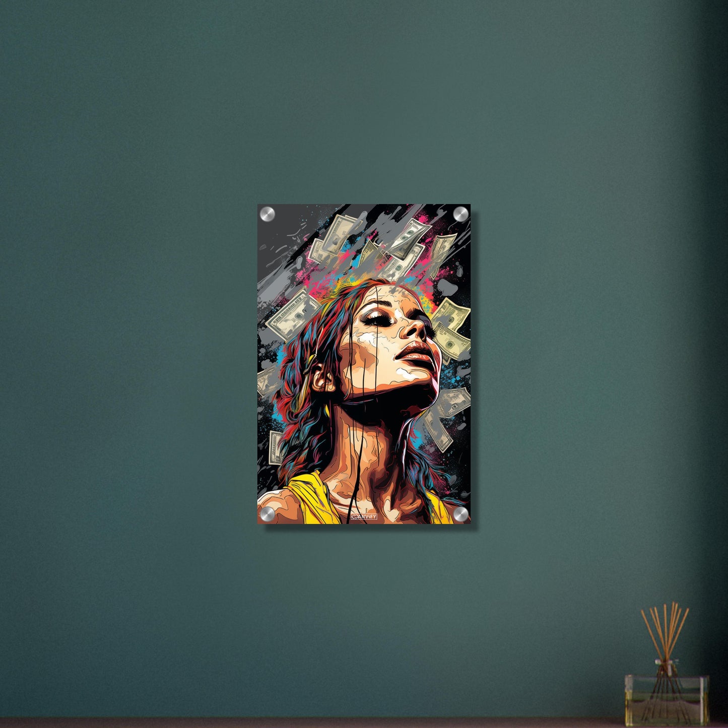 Topmodel im Geldregen im Pop Art Stil auf einem Acrylbild