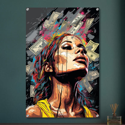 Topmodel im Geldregen im Pop Art Stil auf einem Acrylbild