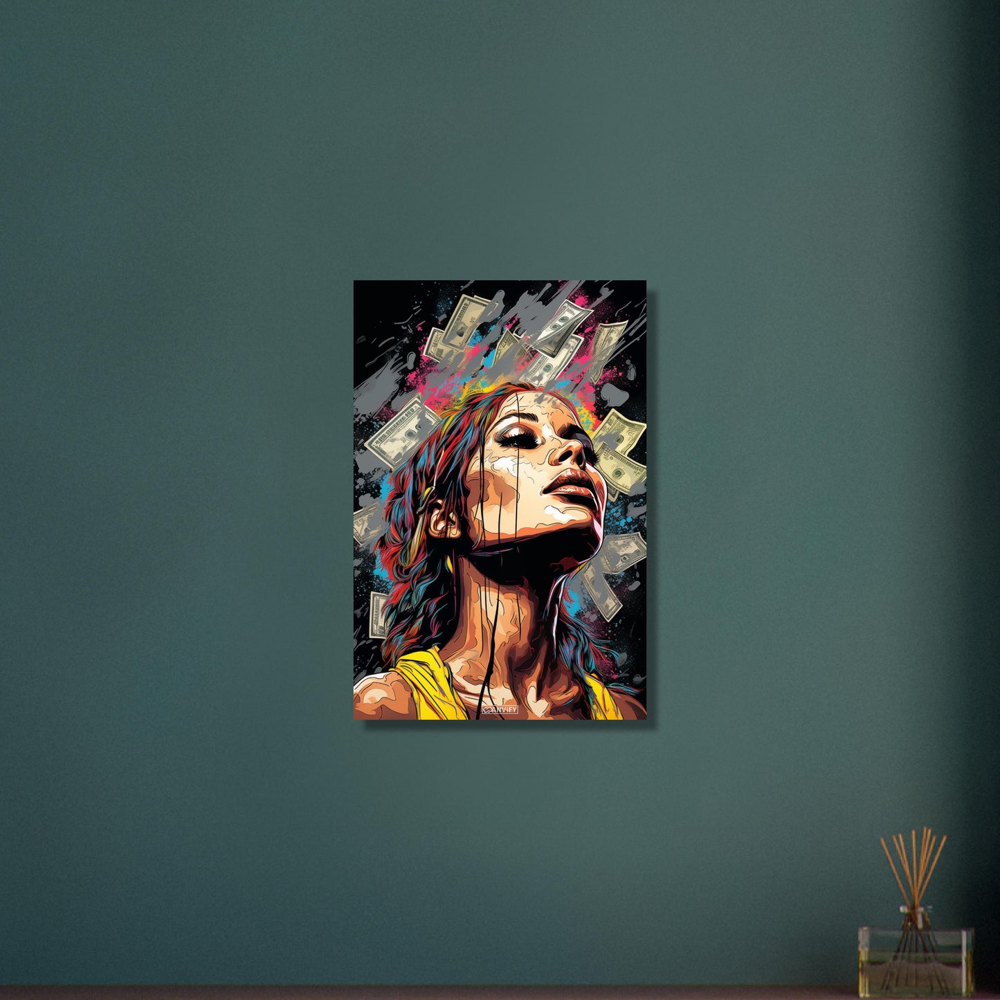 Topmodel im Geldregen im Pop Art Stil auf Aluminium